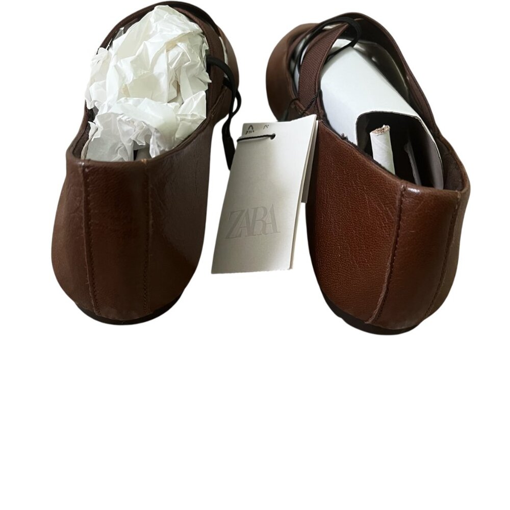 ZARA Leather Ballet Flats with Crossed Elastic Straps – Chocolate Brown Size 7.5 - Picture 7 of 8